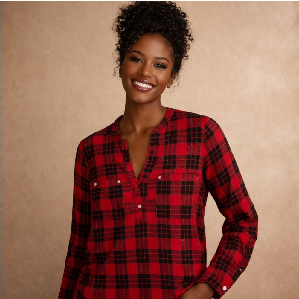 Michael Michael Kors Red Plaid Tunic Blouse Long Sleeve Size M